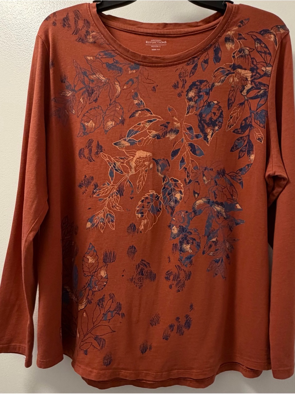 Northern Reflections Large Petite Rust Floral Long Sleeve Cotton Top Semi FIT LP